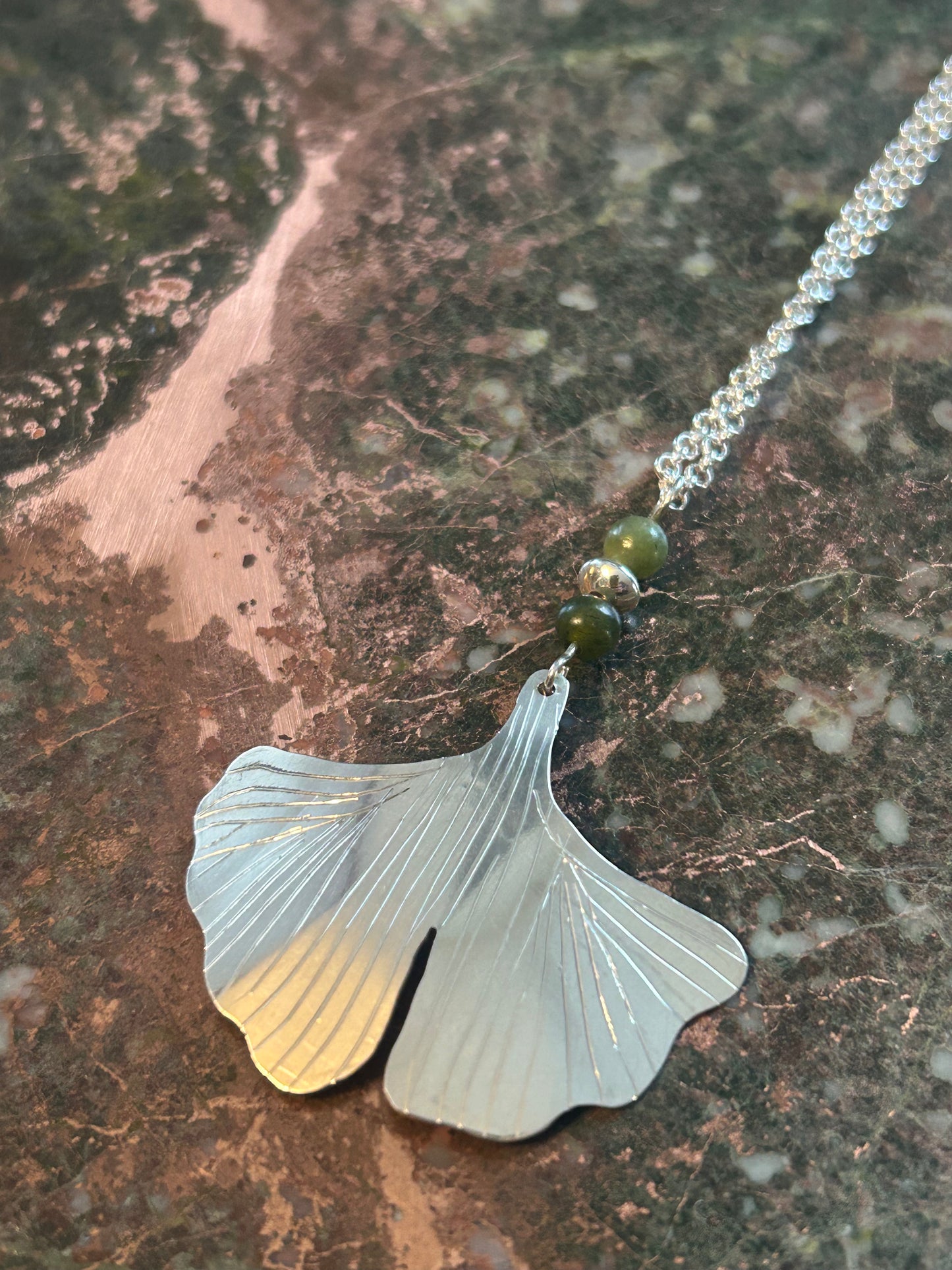 Sterling Silver and Jade Ginko Leaf Pendant