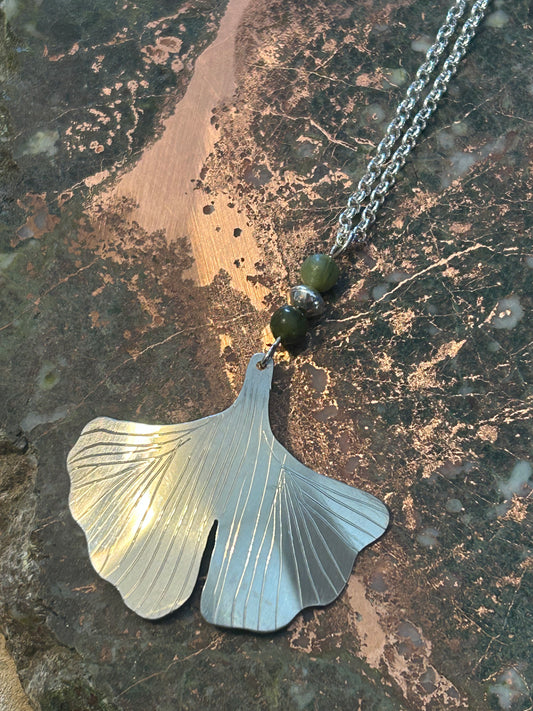 Sterling Silver and Jade Ginko Leaf Pendant