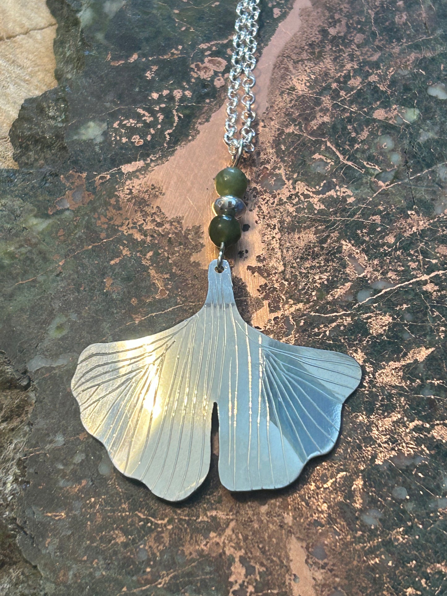 Sterling Silver and Jade Ginko Leaf Pendant