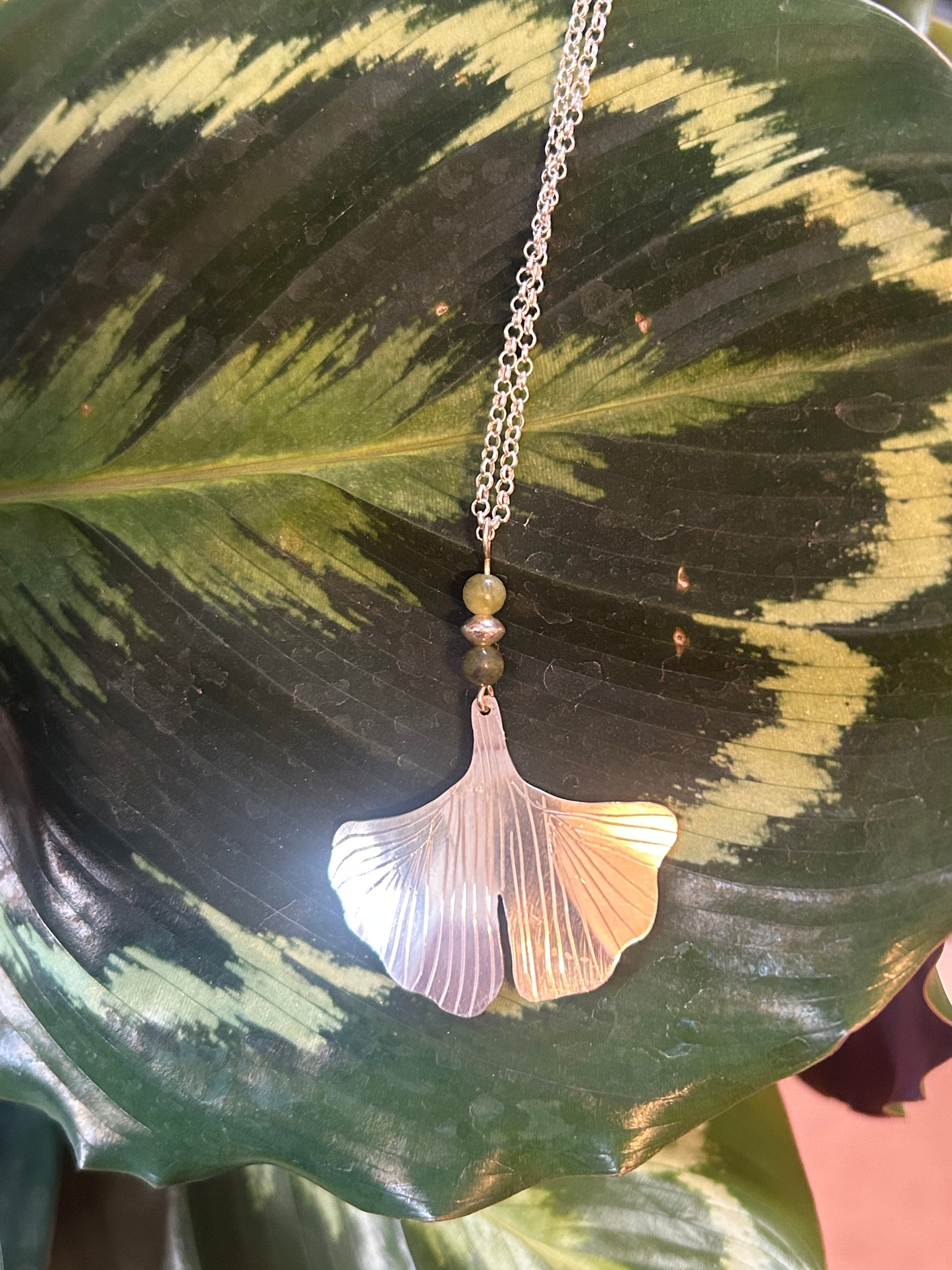 Sterling Silver and Jade Ginko Leaf Pendant