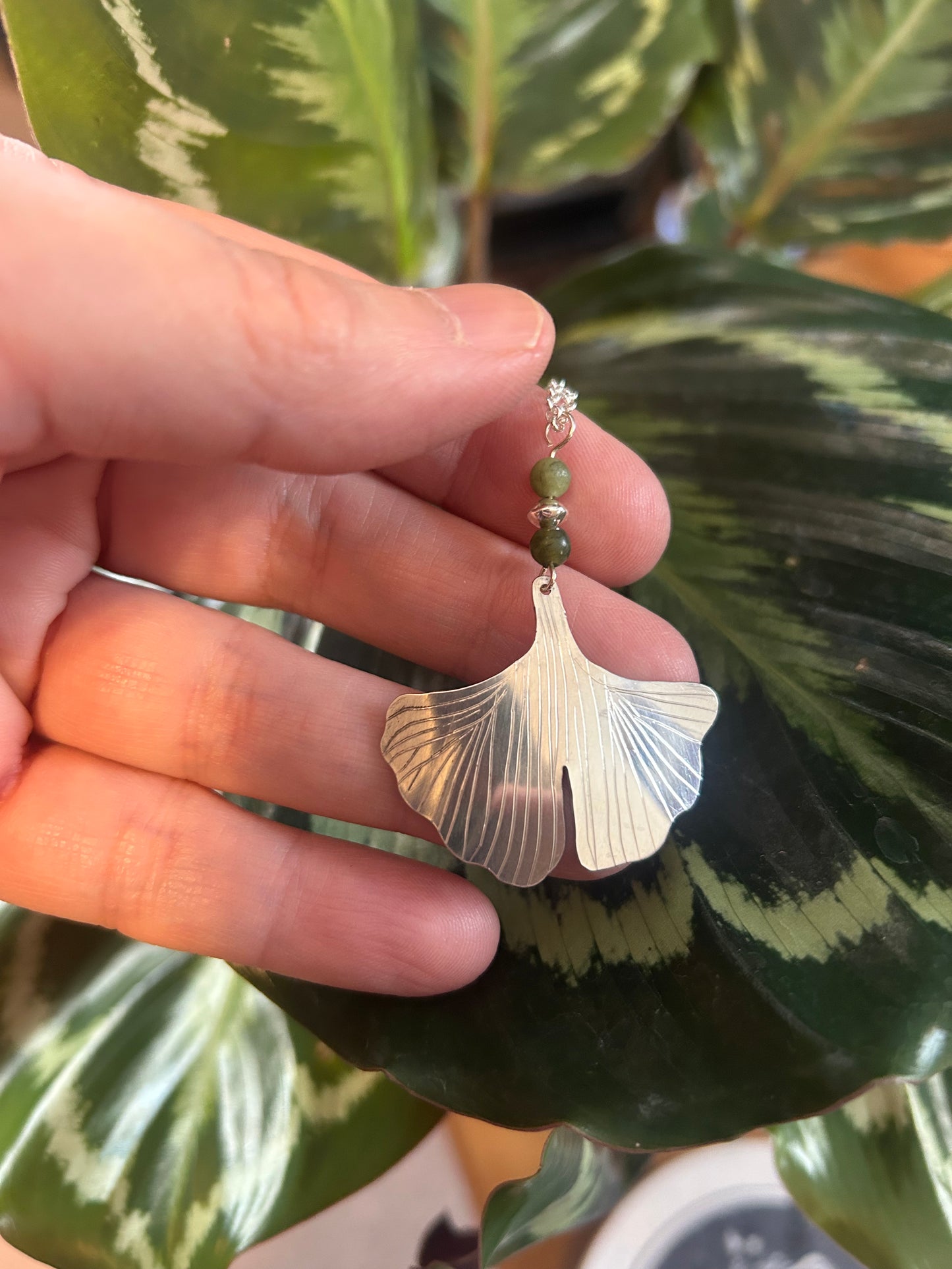 Sterling Silver and Jade Ginko Leaf Pendant