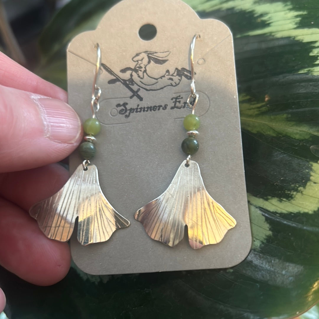 Sterling Silver Ginko leaf and Jade earrings