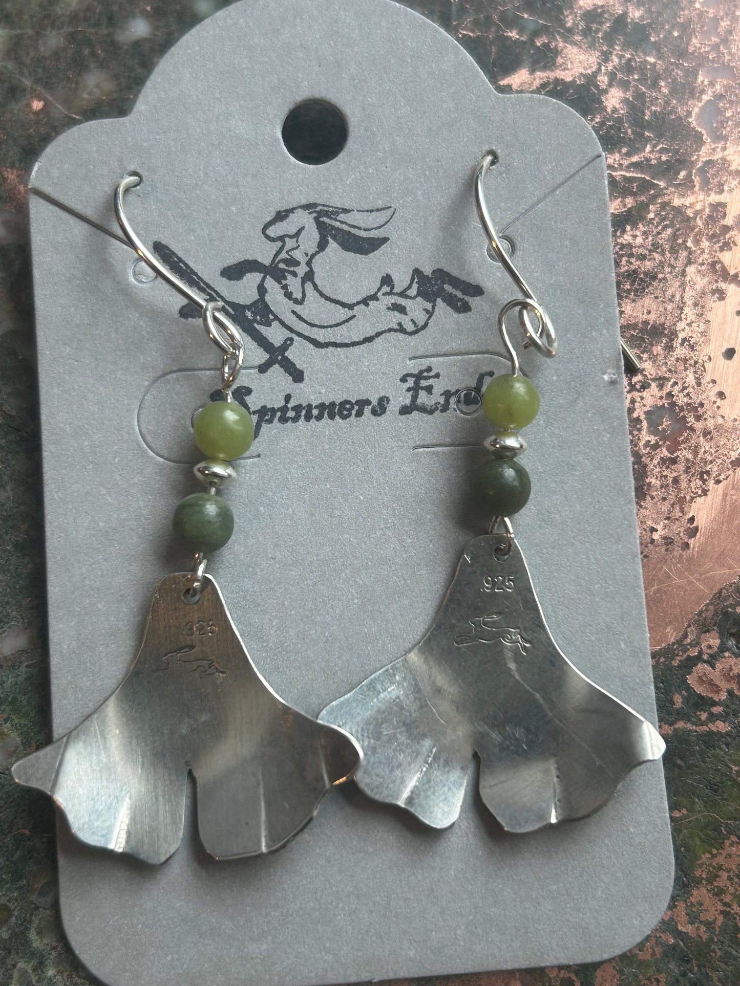 Sterling Silver Ginko leaf and Jade earrings