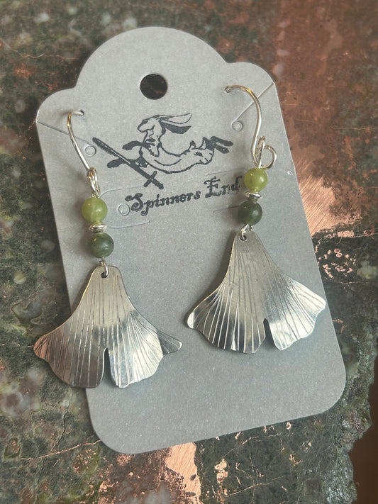 Sterling Silver Ginko leaf and Jade earrings